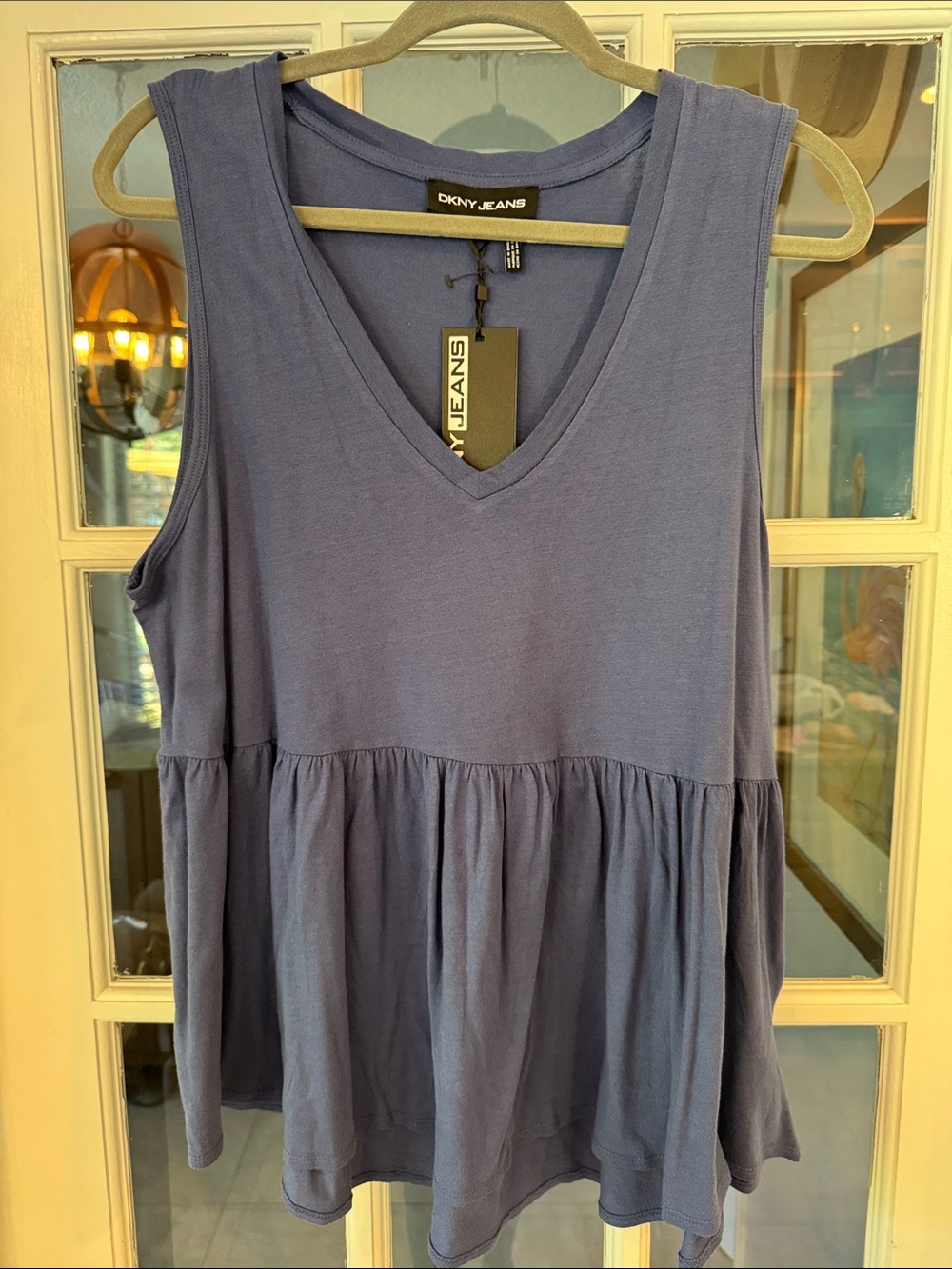 DKNY blue V-neck Peplum tank top size L NWT